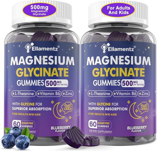 Magnesium Glycinate Gummies 500mg\/250mg for Adults Kids Teens, Sugar Free Magnesium Calm Sleep Aid Gummies with L-Theanine, Glycine, B6, Zinc for Sleep, Calm, Muscle, Relax Brain, No Melatonin, 2 Pack