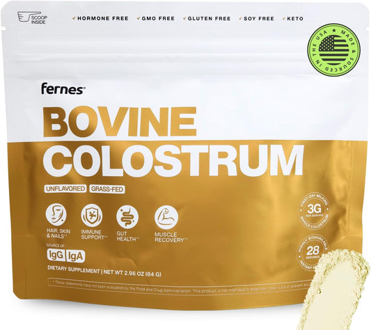 Grass Fed Whole Bovine Colostrum Powder for Women & Men \u2013 First Day Milking, Non GMO, Soy Free, Keto, Gluten Free \u2013 28 Servings, 2.96 oz, Unflavored, Made in USA