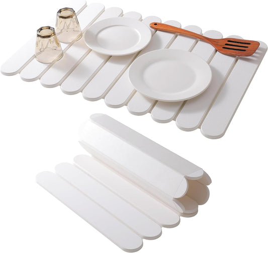 24"×16" White Stone Dish Drying Mats for Kitchen Counter, Large Quick Dry Collapsible Eco-Friendly Super Absorbent Diatomaceous Earth Heat-resistant Mat for Dishes Bottles Cups, Match Any Countertop