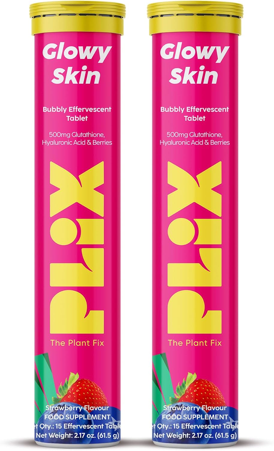 PLIX - THE PLANT FIX Glutathione Tablets with Vitamin C for Clear and Youthful Skin (Pack of 2, Strawberry) | 15 Collagen Supplements |500mg L-Glutathione, Vegan Vitamin E and Hyaluronic Acid