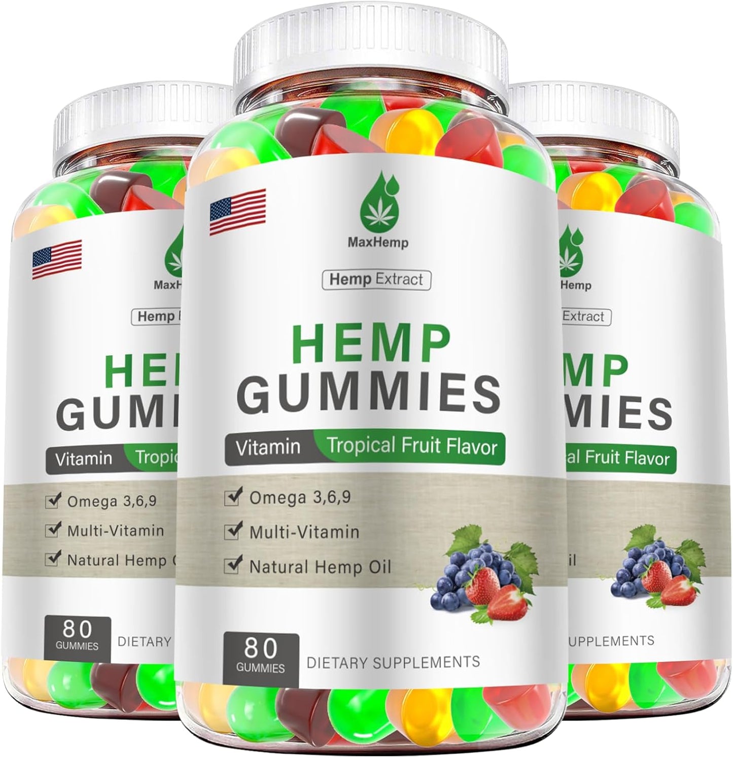 3 Pack Hemp Gummies for Pain, Sleep, Relaxation - High Potency Natural Hemp Oil Extract Supplement, Vegan Gummy Bears