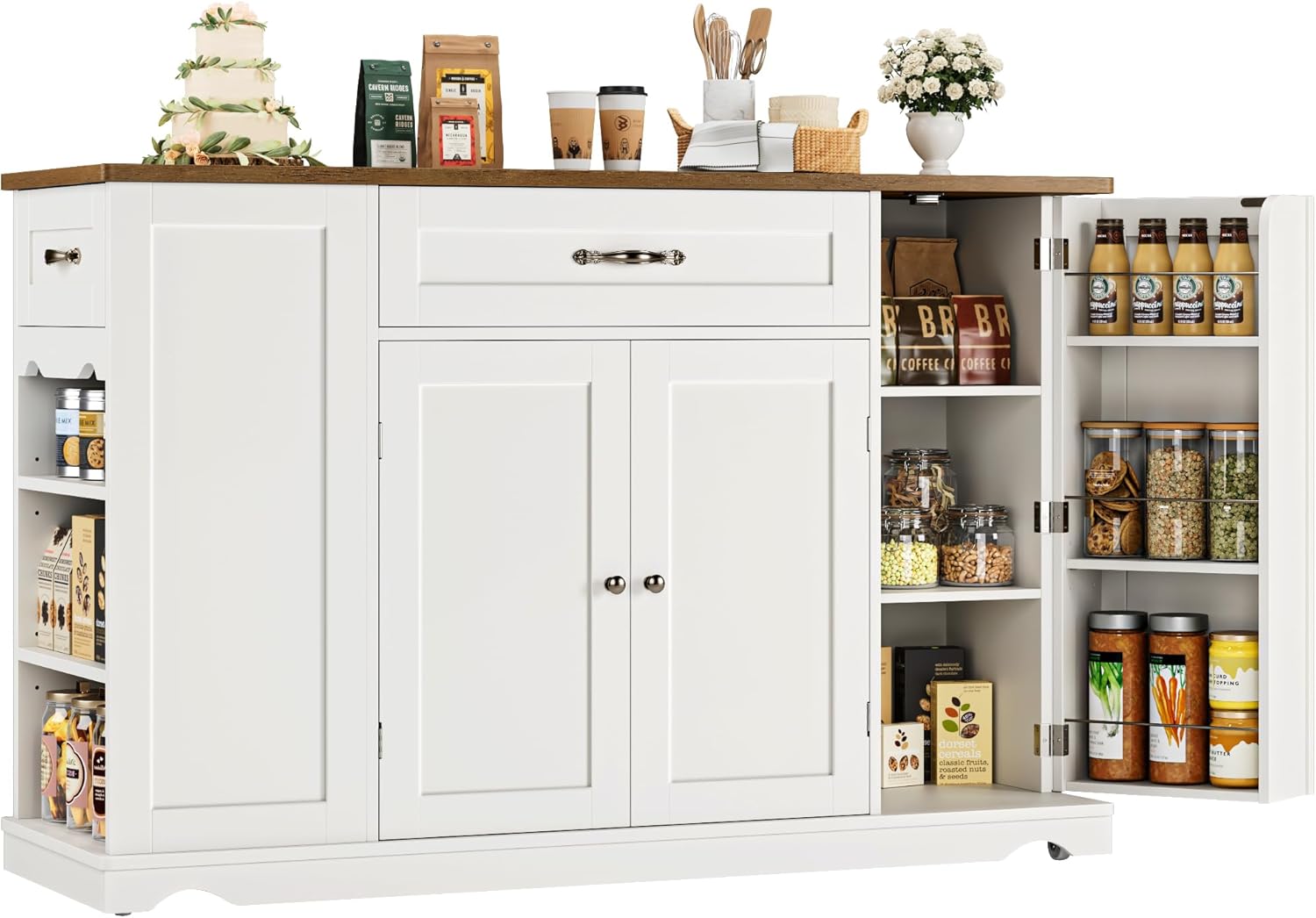 HOSTACK Kitchen Island Cart with Storage, 47'' Kitchen Storage Island on Wheels with 2 Drawers, Rolling Island Table with Adjustable Shelves, Mobile Buffet Sideboard Cabinet for Dining Room, White