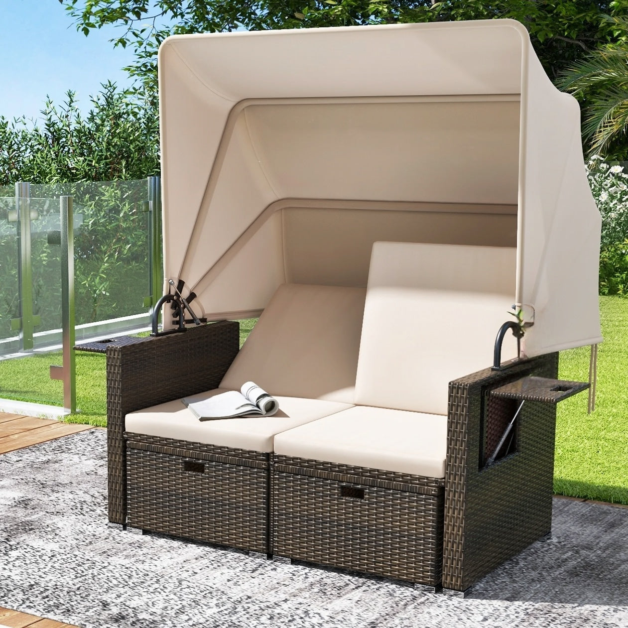 LIVIZA Jovial Rattan Outdoor Daybed with Beige Cushions and Rattan Frame