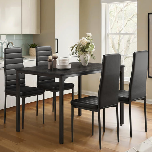 Gizoon Dining Table Set for 4, Kitchen Table Chairs Set of 4, 5 Piece Kitchen Table Set with 4 Upholstered PU Leather Chairs for Dining Room, Living Room, Apartment, Small Space, Black