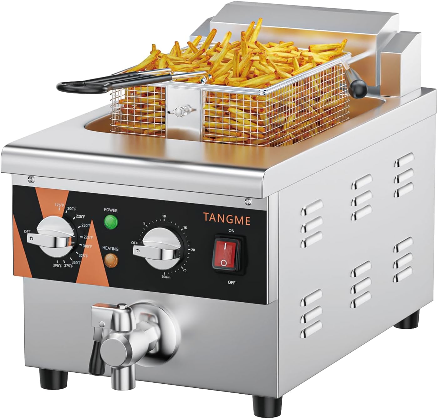 TANGME Commercial Deep Fryer with Drain Valve, 10.5Qt Electric Countertop Fryer Stainless Steel Oil Fryer with Temp & Time Control, 1800W, 120V