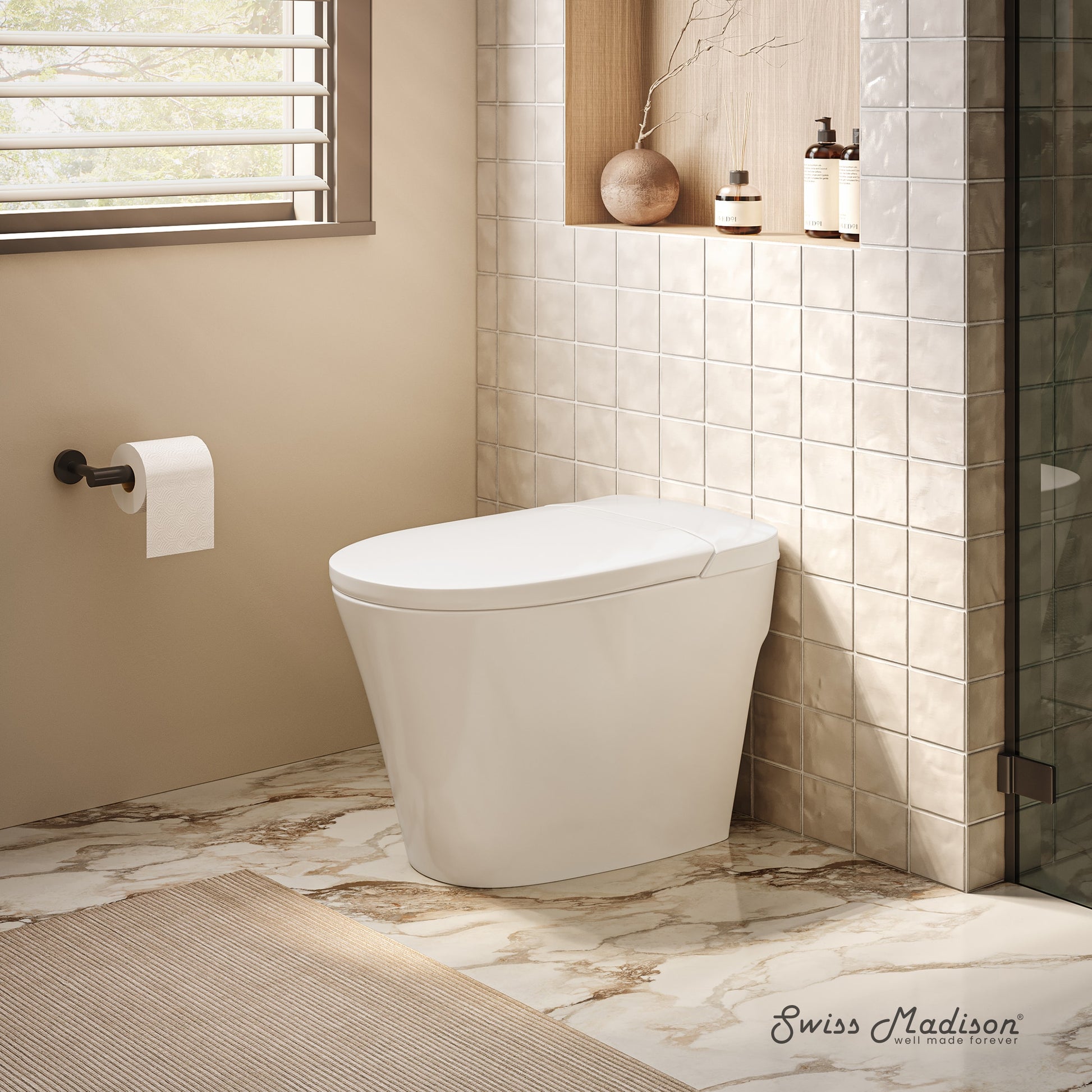 Swiss Madison Poitiers Glossy White Elongated Tall height 12-in Rough-In 1.1 GPF Soft Close 1-piece Toilet