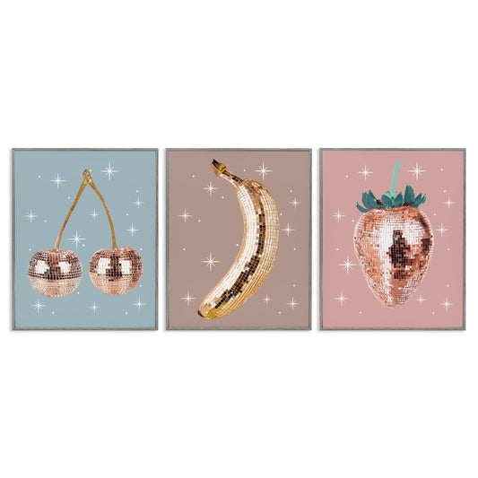 Stupell Industries  Glam Disco Fruits 3pc Framed Giclee Set Design by Lil' Rue