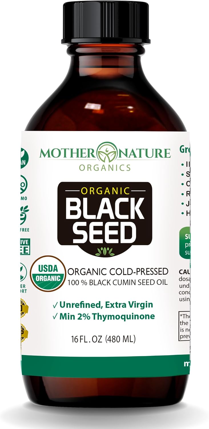 Mother Nature USDA Organic Black Seed Oil \u2013 Cold Pressed, Unrefined & Vegan Nigella Sativa, High Thymoquinone (2%+), Omega 3 6 9 for Immune, Joint & Heart Support, Hair & Skin, Non-GMO, 16oz