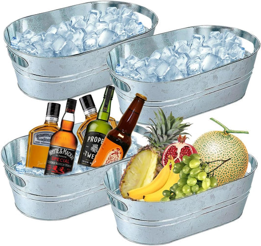 4 Pack Galvanized Tub 3.1 Gallon Ice Bucket Large Metal Drink Buckets for Parties Beer Beverage Tub with Carry Handles for Champagne Cocktails Wine Cooling for Mimosa Bar Supplies