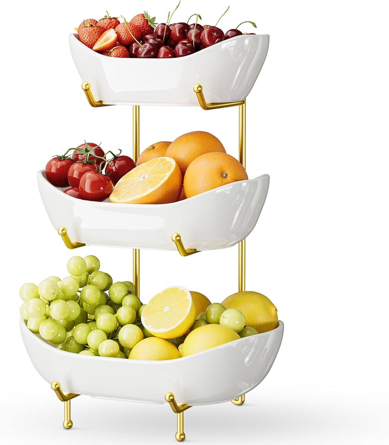 Josmimic 3 Tier Ceramic Fruit Bowl with Metal Stand \u2013 Tiered Fruit Stand for Kitchen Countertop, Serving Tray for Snacks, Nuts, Cakes, Desserts, Bread, Candy Storage, Gold