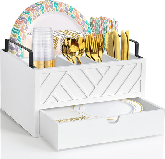 Paper Plate Dispenser with Drawer, Paper Plate Holder for Kitchen Counter, Wood Rustic Silverware Utensil Caddy, Cutlery Flatware Organizer for Cup Spoon Fork Plates Napkins, White Kitchen Accessories