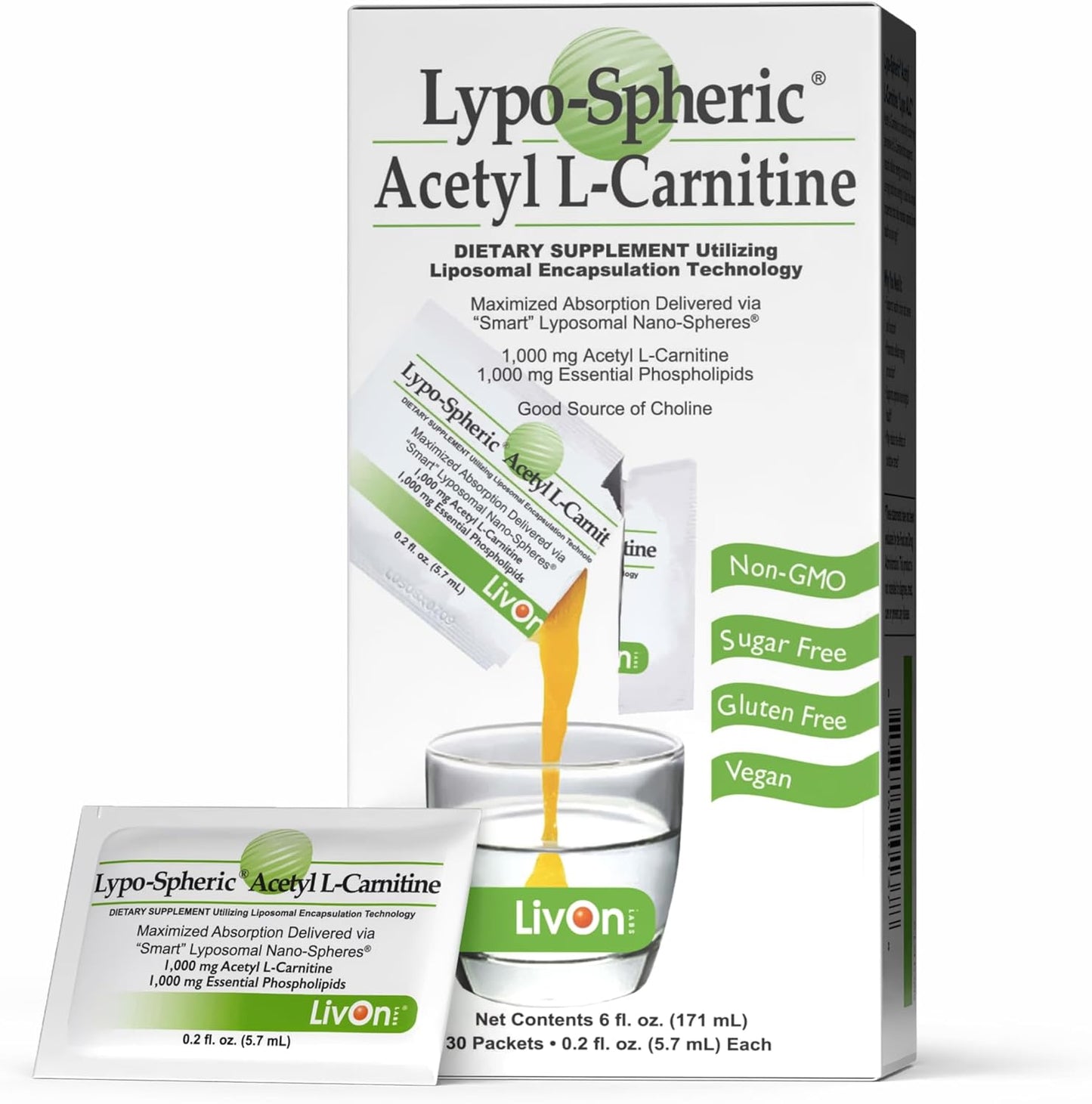 Lypo-Spheric Acetyl L-Carnitine – 1,000 mg Acetyl L-Carnitine & Essential Phospholipids Per Packet – Liposome Encapsulated for Maximum Bioavailability – 100% Non-GMO - (30 Individual Packets)