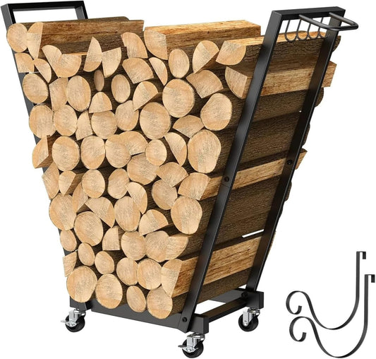Fnacuody Firewood storage rack Rolling Firewood Rack Wheels Handle 4 Hooks Removable Kindling Shelf Indoor\/Outdoor Heavy-Duty Log Organizer
