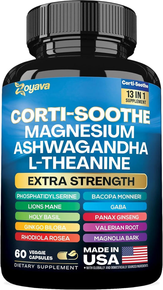 Corti-Soothe Cortisol Supplement Magnesium Glycinate 200mg L-Theanine 150mg Ashwagandha 150mg Phosphatidylserine Cortisol Manager Lions Mane Ginkgo Biloba Bacopa Monnieri Valerian Root 60 Caps