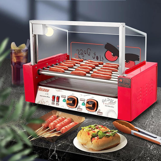 BaNbe Hot Dog Roller Machine, Sausage Grill Cooker Machine, 7 Non-Stick Rollers 24 Hot Dog Rotisserie with Removable Stainless Steel Drip Tray and Glass Hood Cover, Commercial Household, 20240108
