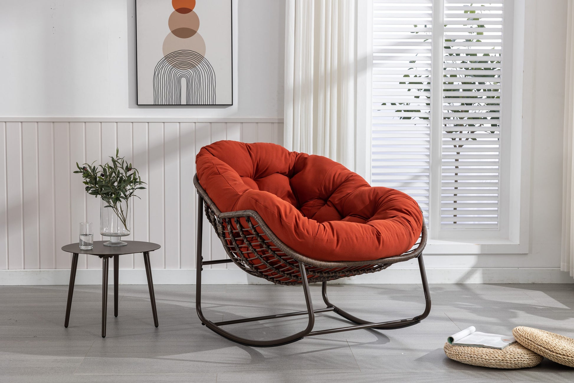 Tatayosi 1-Piece Metal Rattan Outdoor Rocking Chair Rocker Recliner Chair with Orange Cushion