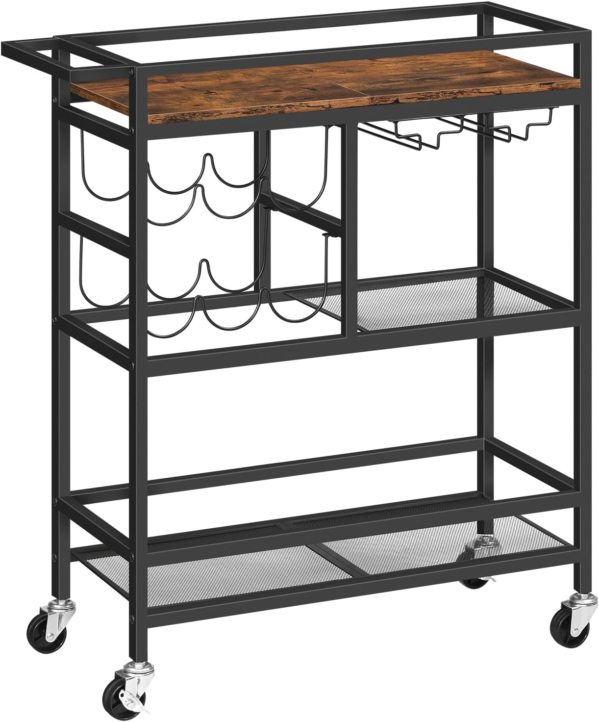 MAHANCRIS Bar Cart for Home, 3-Tier Serving Cart with Wheels and Handle, Beverage Cart with Wine Rack and Glass Holders, Rolling Wine Cart for Kitchen, Dining Room, Rustic Brown RCHR6101