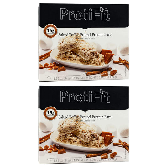 PROTIFIT - Low Calorie Salted Toffee Pretzel Protein Bar 2 Pack, High Protein, 15g Protein, Low Carb, Low Sugar, Ideal Protein Compatible, 7 Servings Per Box, (2 Pack)