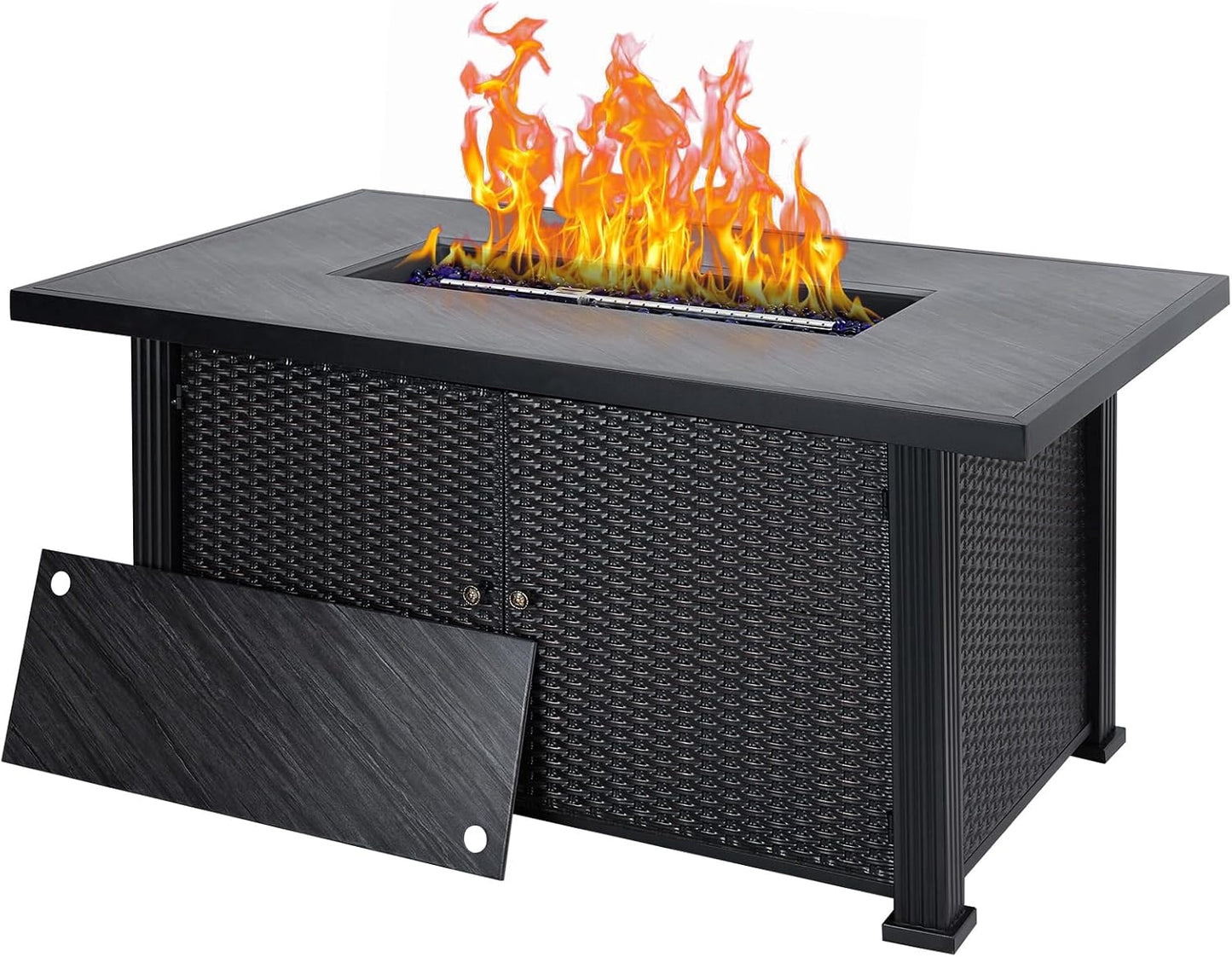 Tioutbot 52" Propane Fire Pit Table - 50000BTU Gas Fire Pits for Outdoor, Large Tabletop, Rain Cover, Separate Storage Space, Garden Patio Rectangle Firepits Table - Rattan Design