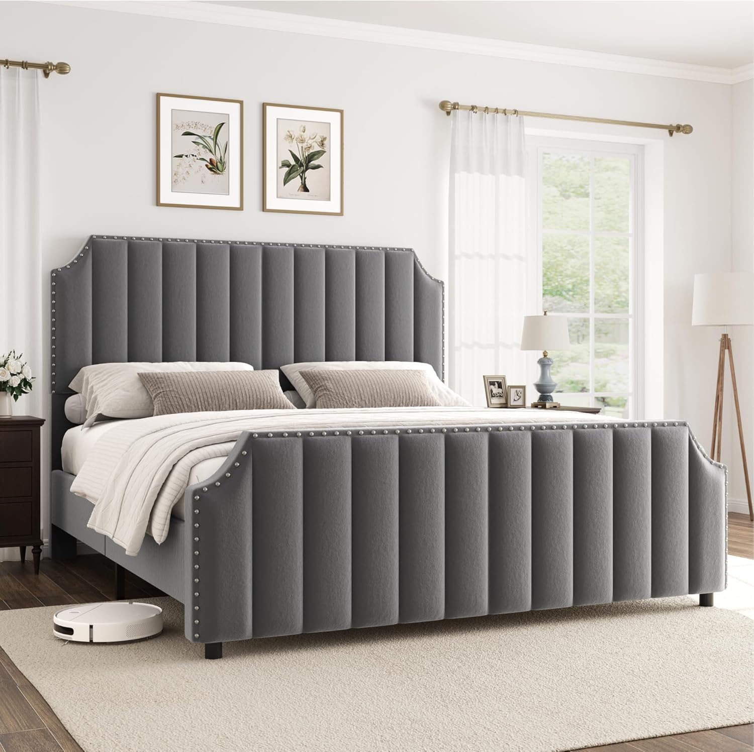 Qeetex King Size Platform Bed Frame with 50inch Headboard Velvet Upholstered Bed Frame King with Vertical Channel Tufted Headboard and Footboard Nailhead Trim No Box Spring Needed Grey