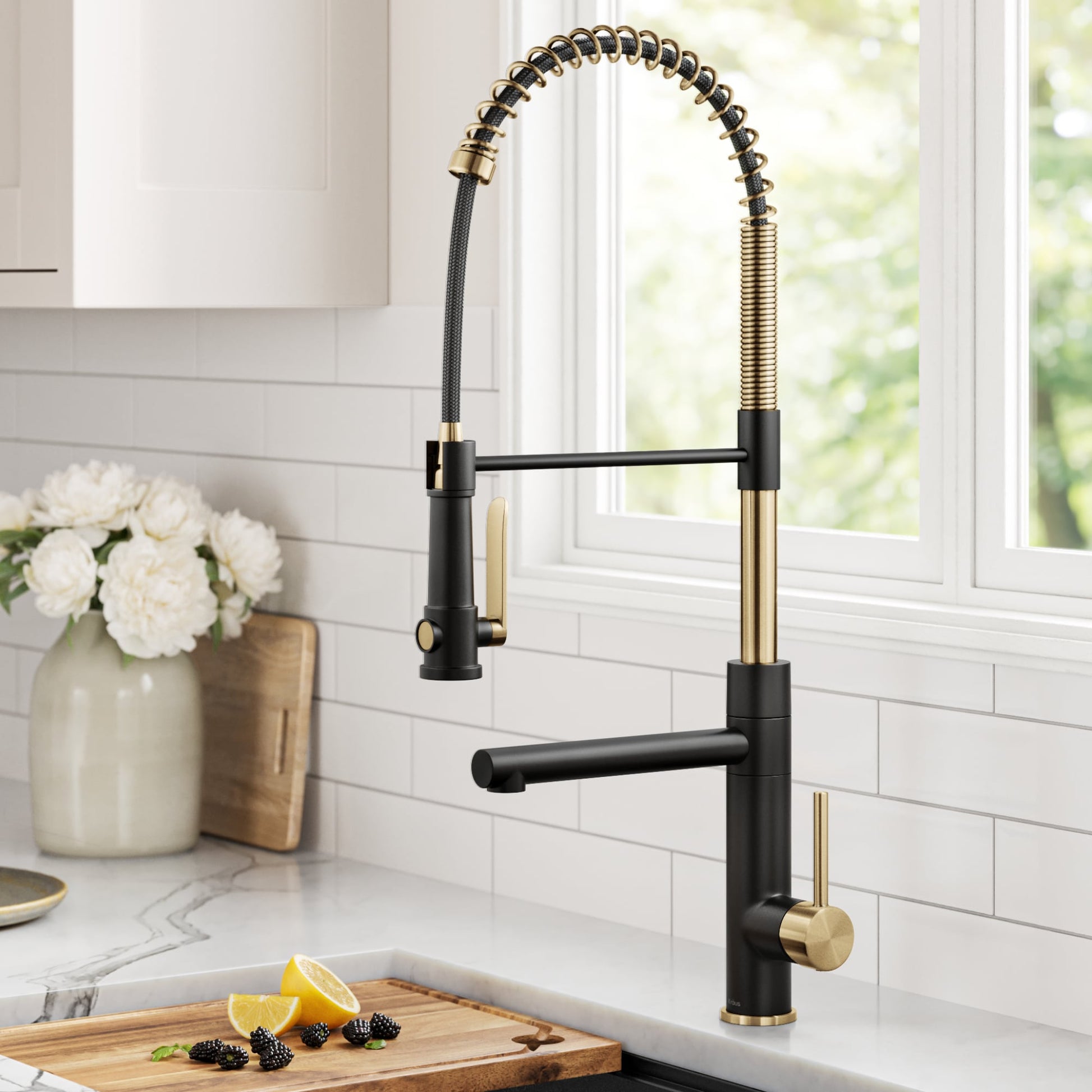 Kraus Artec Pro Brushed Brass / Matte Black Single Handle Deck-mount Pull-down Kitchen Faucet with Sprayer
