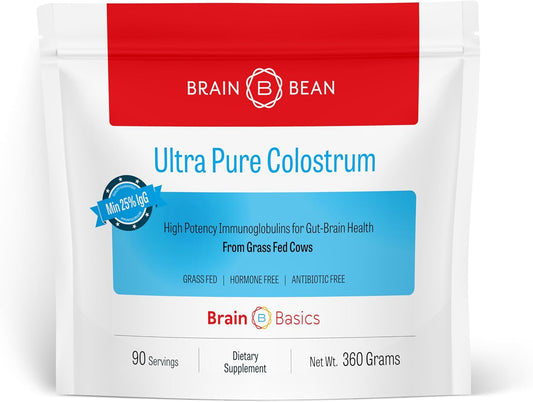 Brain Basics Ultra-Pure Colostrum, 4000mg per Serving, Min 25% IgG antibodies, Gut-Brain-Immune Health, Glowing Hair and Skin. Colostrum Powder from Grass-Fed Cows. 360 Grams - 90 Servings
