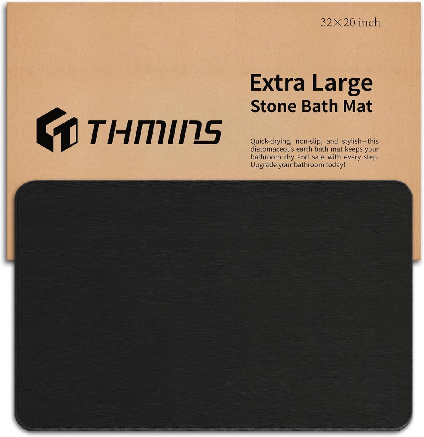 THMINS Black Stone Bath Mat, 32''x20'' Non-Slip Diatomaceous Earth Stone Bath Mat, Super Absorbent Quick Drying for Bathroom\/Kitchen, Easy to Clean