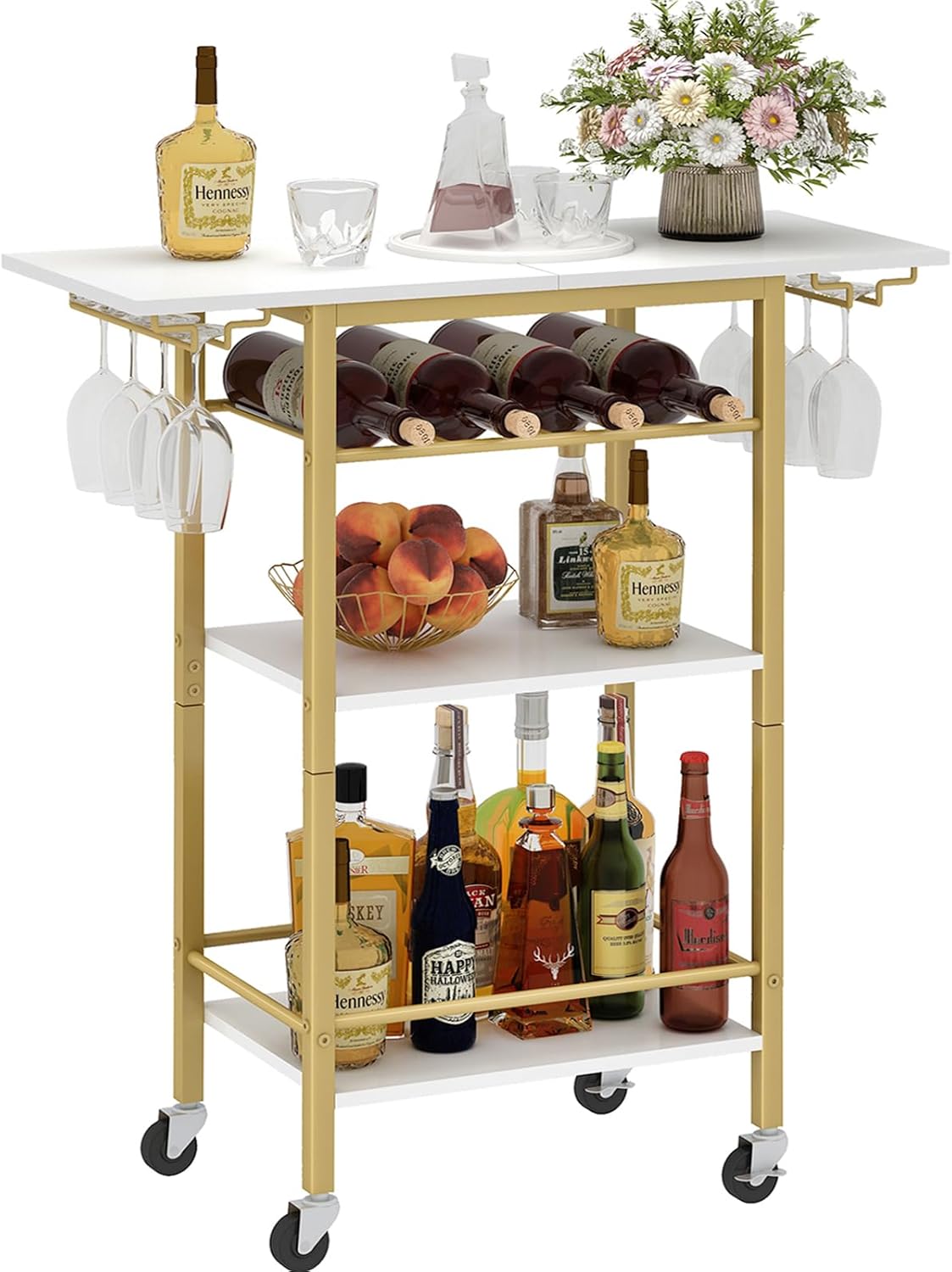 LAATOOREE Bar Cart, Home Bar Serving Cart, 3 Tier Mobile Drink Beverage Cart, Rolling Kitchen Shelf with Wine and Glass Holder, for Dinning Room, Living Room, Kitchen