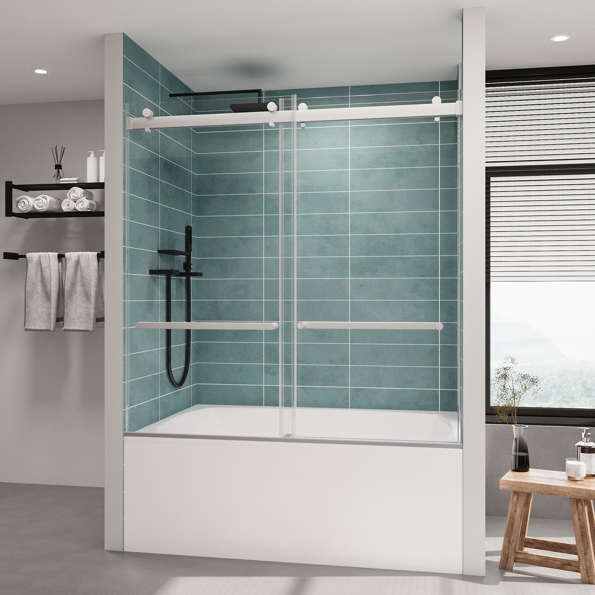 LOVMOR Frameless Bathtub Shower Doors 56-60 W x 60 H Double Sliding Shower Door Tempered Glass