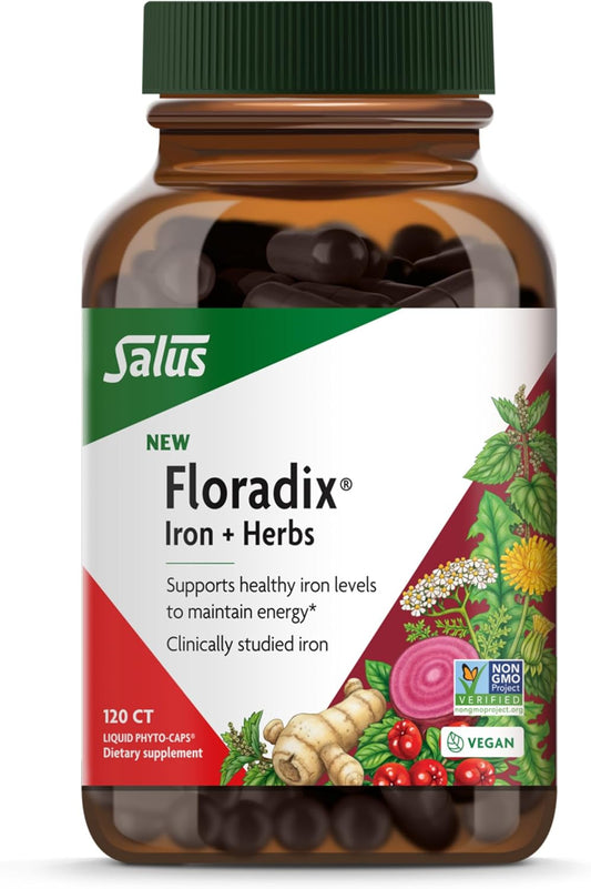 Floradix Iron + Herbs - Iron Supplement for Healthy Energy Support* - Vegan, Non-GMO, Gluten-Free, Soy-Free - 120 Liquid Phyto-Caps