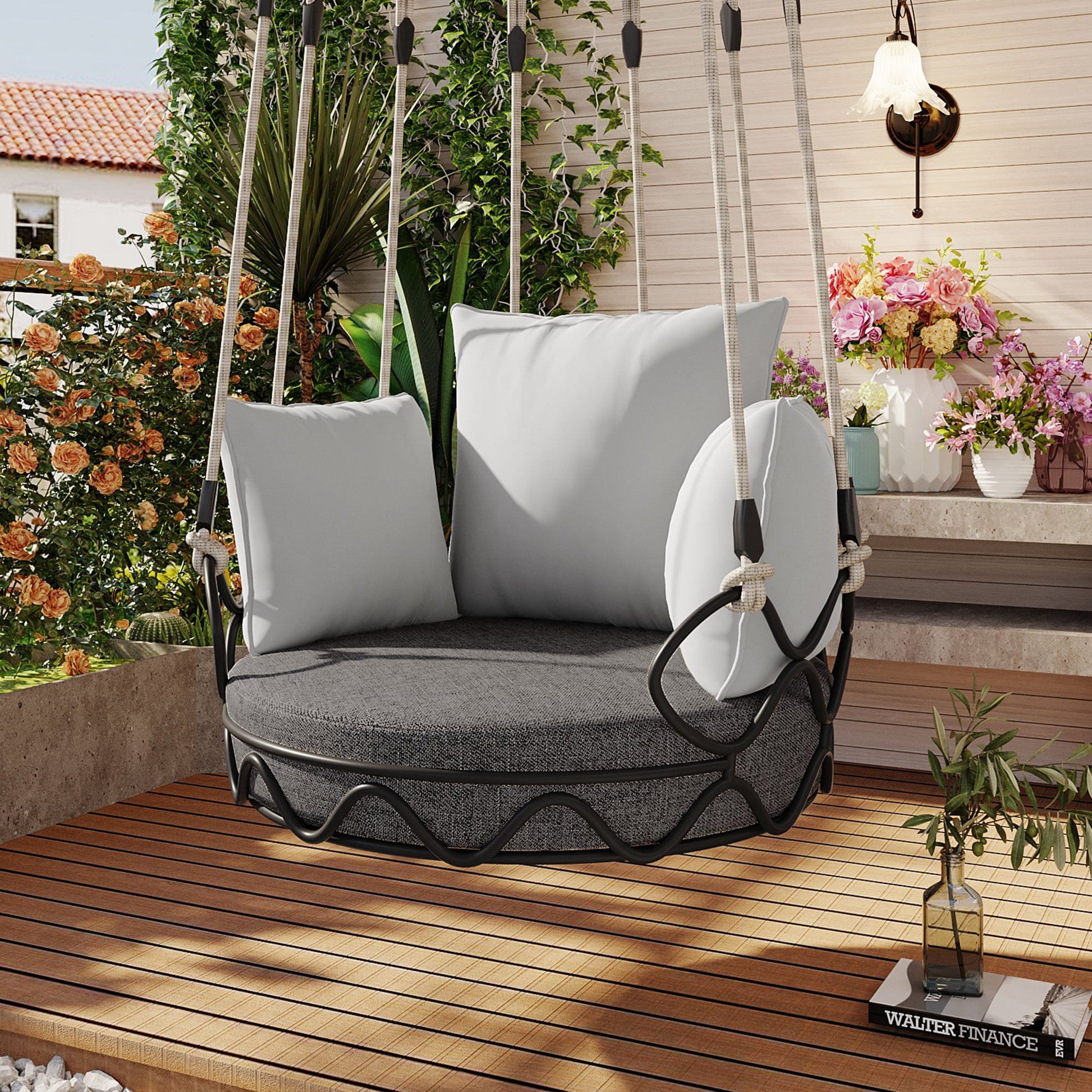 ModernLuxe Outdoor Porch Swing Chair Hanging Basket 1 -person Gray Iron Outdoor Swing