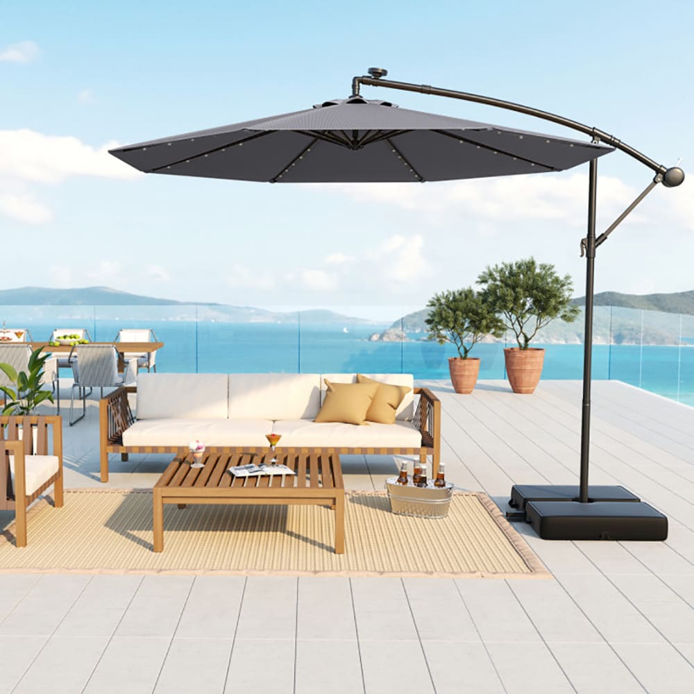 Sumyeg 10-ft Steel Gray Push-button Tilt Cantilever Patio Umbrella with Lights