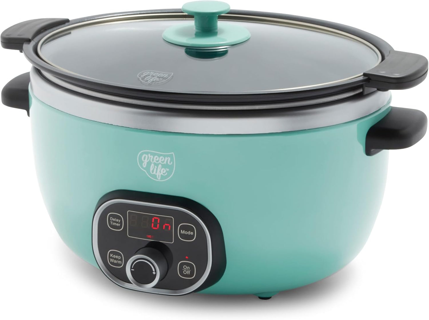GreenLife 6QT Ceramic Slow Cooker, PFAS-Free, Programmable, Removable Healthy Nonstick Pot for Family Meals, Sear on Stovetop, Keep Warm, Digital Timer, Dishwasher Safe Glass Lid, Turquoise