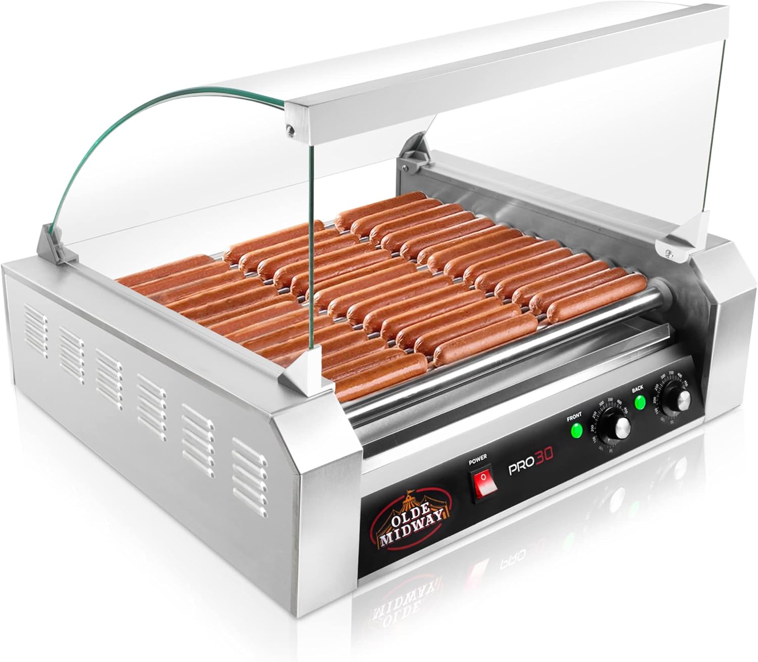 Olde Midway Electric 30 Hot Dog 11 Roller Grill Cooker Machine with Cover 1400-Watt - Commercial Grade