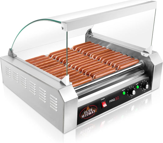 Olde Midway Electric 30 Hot Dog 11 Roller Grill Cooker Machine with Cover 1400-Watt - Commercial Grade
