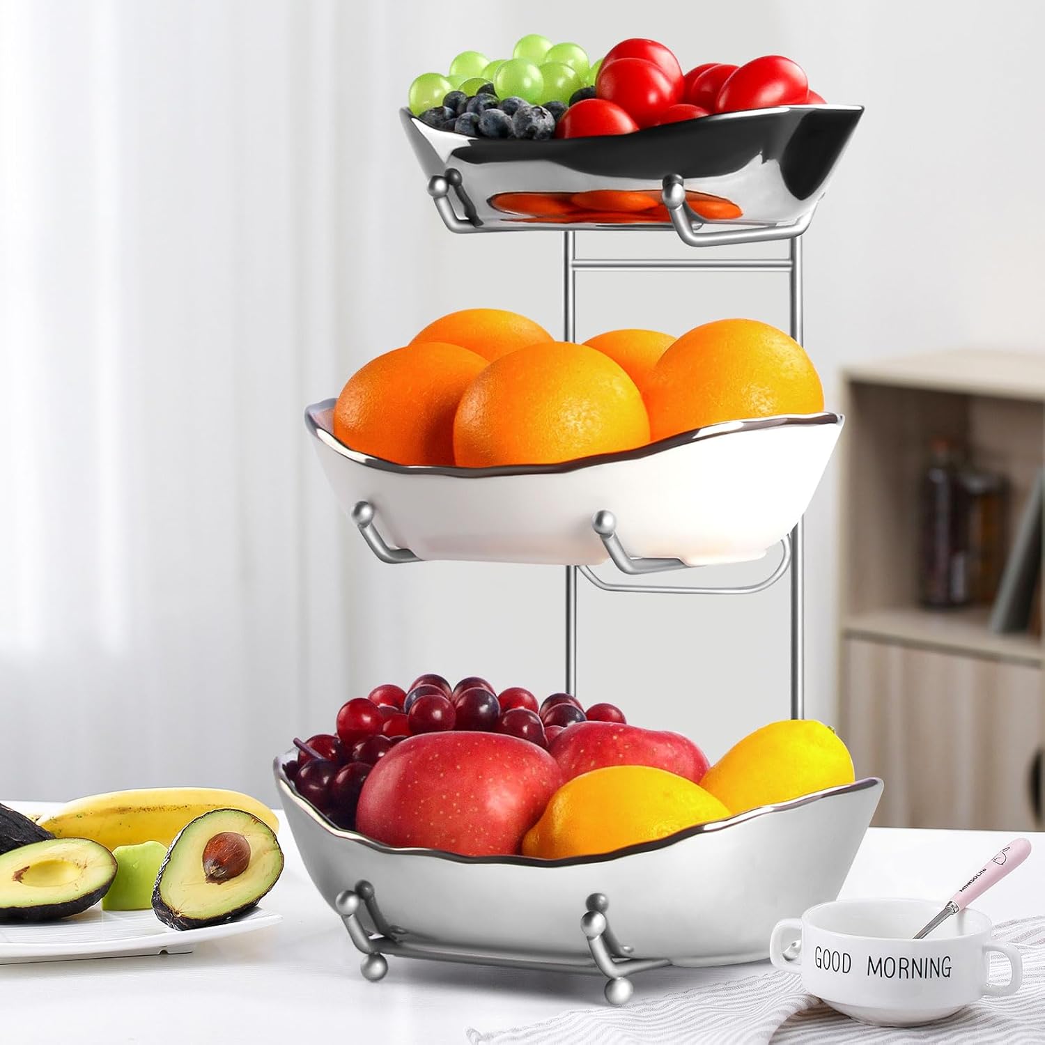 LIJINGCHEN Fruit Bowl for Kitchen Counter, 3 Tier Ceramic Fruit Basket, Modern Multi Layer Fruit Display Stand, Dessert Holder for Kitchen Countertop, Large Capacity Serving Holder for Party (Sliver)