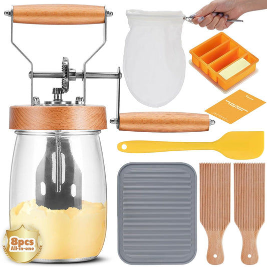 Pro Butter Churner Set – 35oz Glass Jar with Anti-Slip Mat, Cheesecloth, Butter Mold & 2 Paddles – Make Creamy Homemade Butter & Whipped Cream | DIY Kitchen Gift