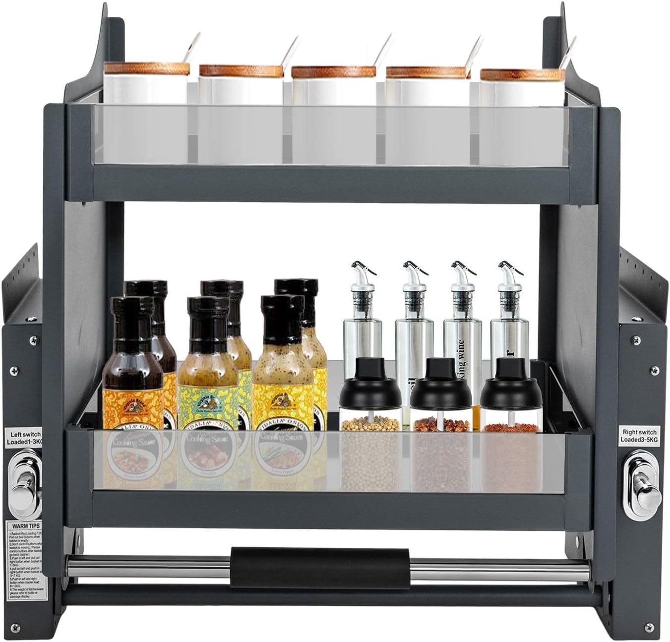 LOYALHEARTDY 2-Tier Pull Down Shelf, Kitchen Pull Down Cabinet Organizer Metal Drop Down Spice Rack for Kitchen Appliance Lift Upper Cabinet (for Cabinet Width ≥24"), Black