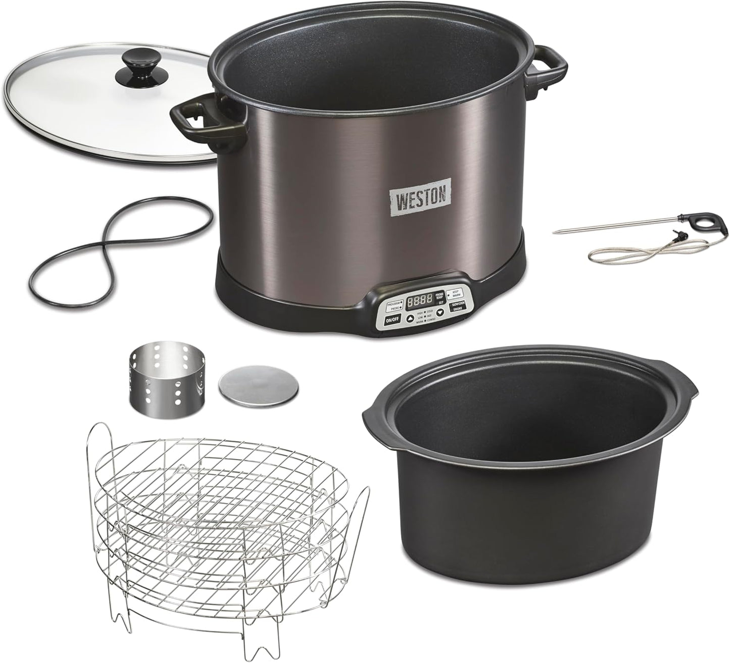 WESTON BRANDS 2-in-1 XL Programmable Slow Cooker & Electric Indoor Smoker, 10 Quart, With 3-Tier Smoking Rack for Meat, Cheese and More, Dishwasher Safe Crock, Temperature Probe, Black (03-2601-W)