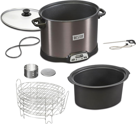 WESTON BRANDS 2-in-1 XL Programmable Slow Cooker & Electric Indoor Smoker, 10 Quart, With 3-Tier Smoking Rack for Meat, Cheese and More, Dishwasher Safe Crock, Temperature Probe, Black (03-2601-W)