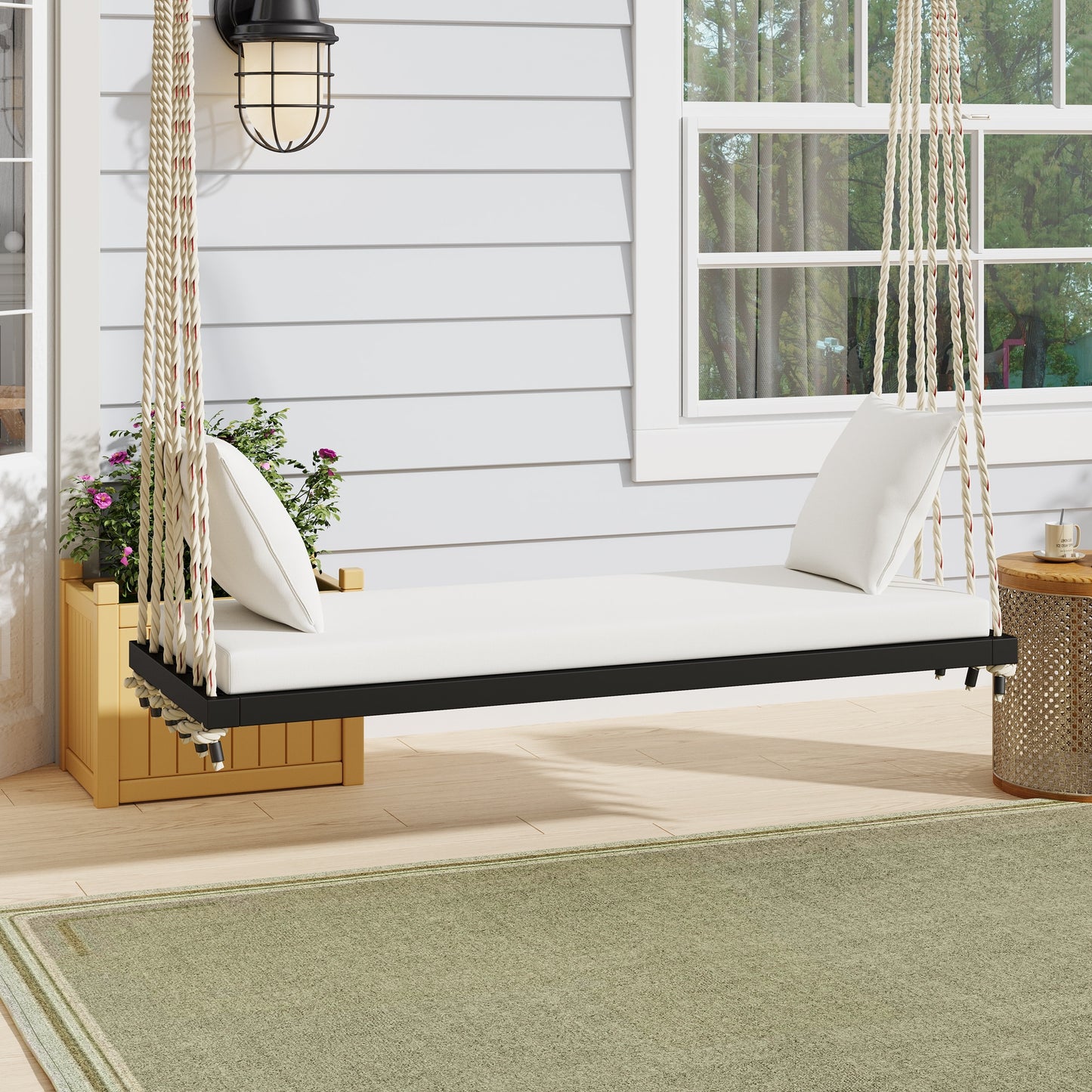 ModernLuxe Patio Wooden Swing Chair, Hanging Porch Swing Bench 2 -person Black Wood Outdoor Swing