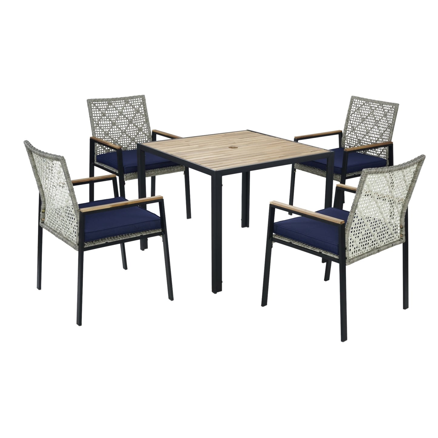 Mondawe 5 -Piece Black Wicker Patio Dining Set Wood Square Table with 4 Gray Cushions Stackable Stationary and Motion Chairs