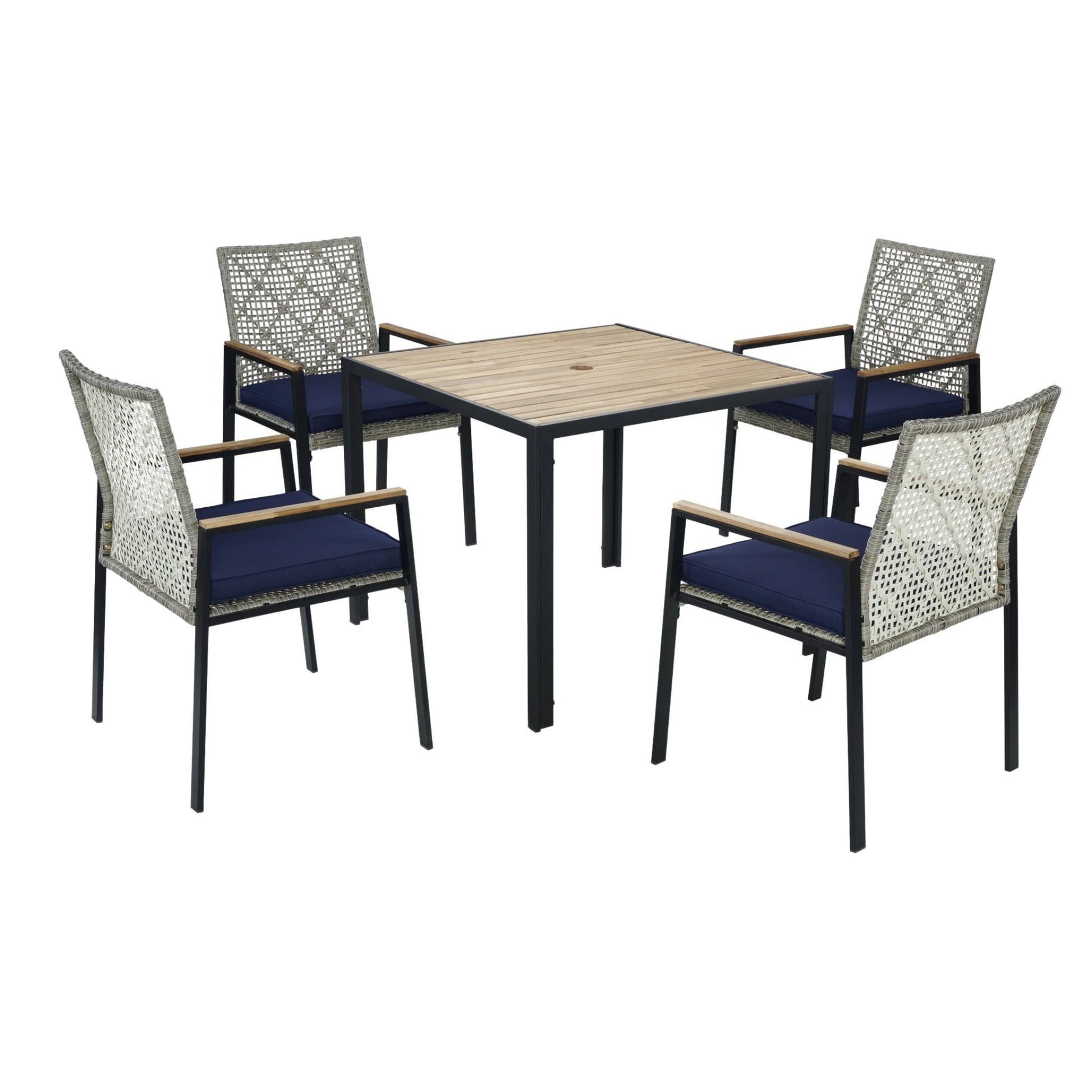 Mondawe 5 -Piece Black Wicker Patio Dining Set Wood Square Table with 4 Gray Cushions Stackable Stationary and Motion Chairs