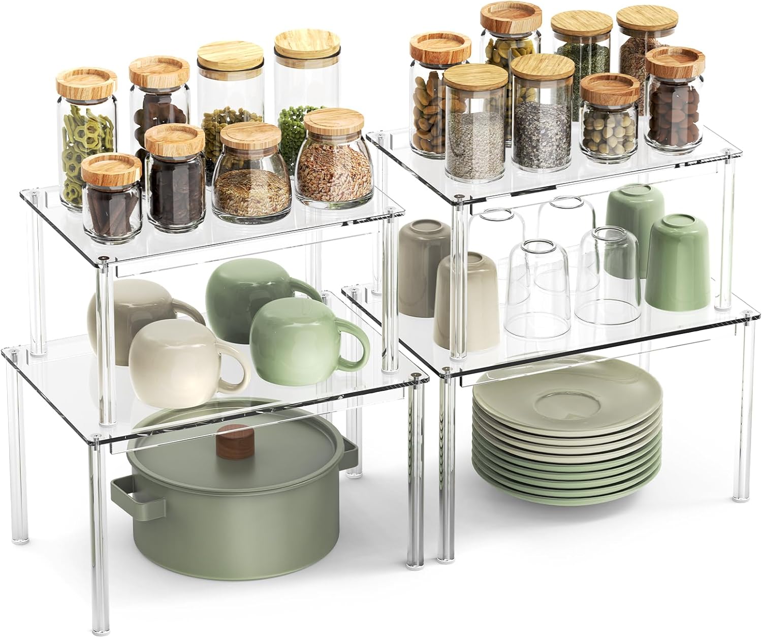NESTRAXO 4Pack Acrylic Cabinet Organizer, Clear Cabinet Organizer Shelf, Spice Rack Organizer for Cabinet for Dishes, Spices, Soda Cans and Bottles, Stackable Shelves House Essentials for Gift