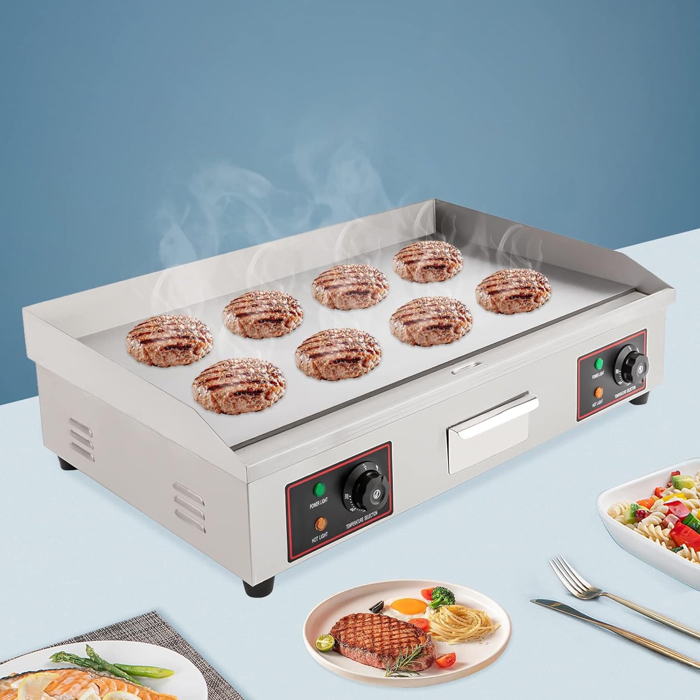 Commercial Electric Griddle 3000W 110V Stainless Steel Electric Countertop Flat Top Griddle with Adjustable Temperature Control 122-572℉ Heavy Duty Electric Griddle Grill for Restaurant Kitchen