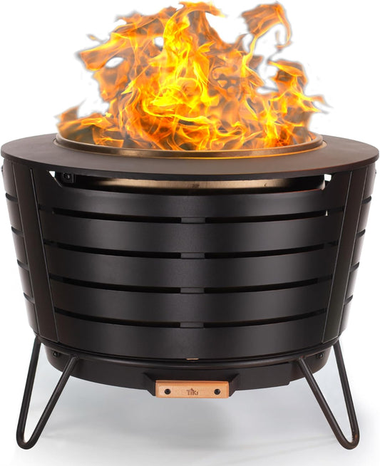 TIKI Patio Fire Pit Bundle \u2013 25-Inch Smokeless Wood Burning Outdoor Fire Pit for Backyard, Patio, Deck & Garden with Removable Ash Pan, Stand & Weather-Resistant Cover \u2013 Modern Black Stainless Steel