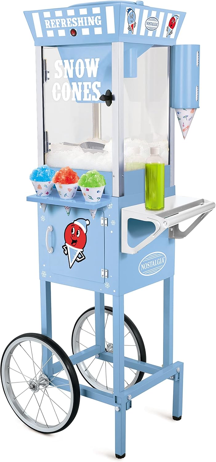 Nostalgia Snow Cone Shaved Ice Machine - Retro Cart Slushie Machine Makes 72 Icy Treats - Includes Metal Scoop, 2 Syrup Bottles, 100 Paper Cups\/Spoons, Storage Compartment, Wheels - Blue, 54" Tall