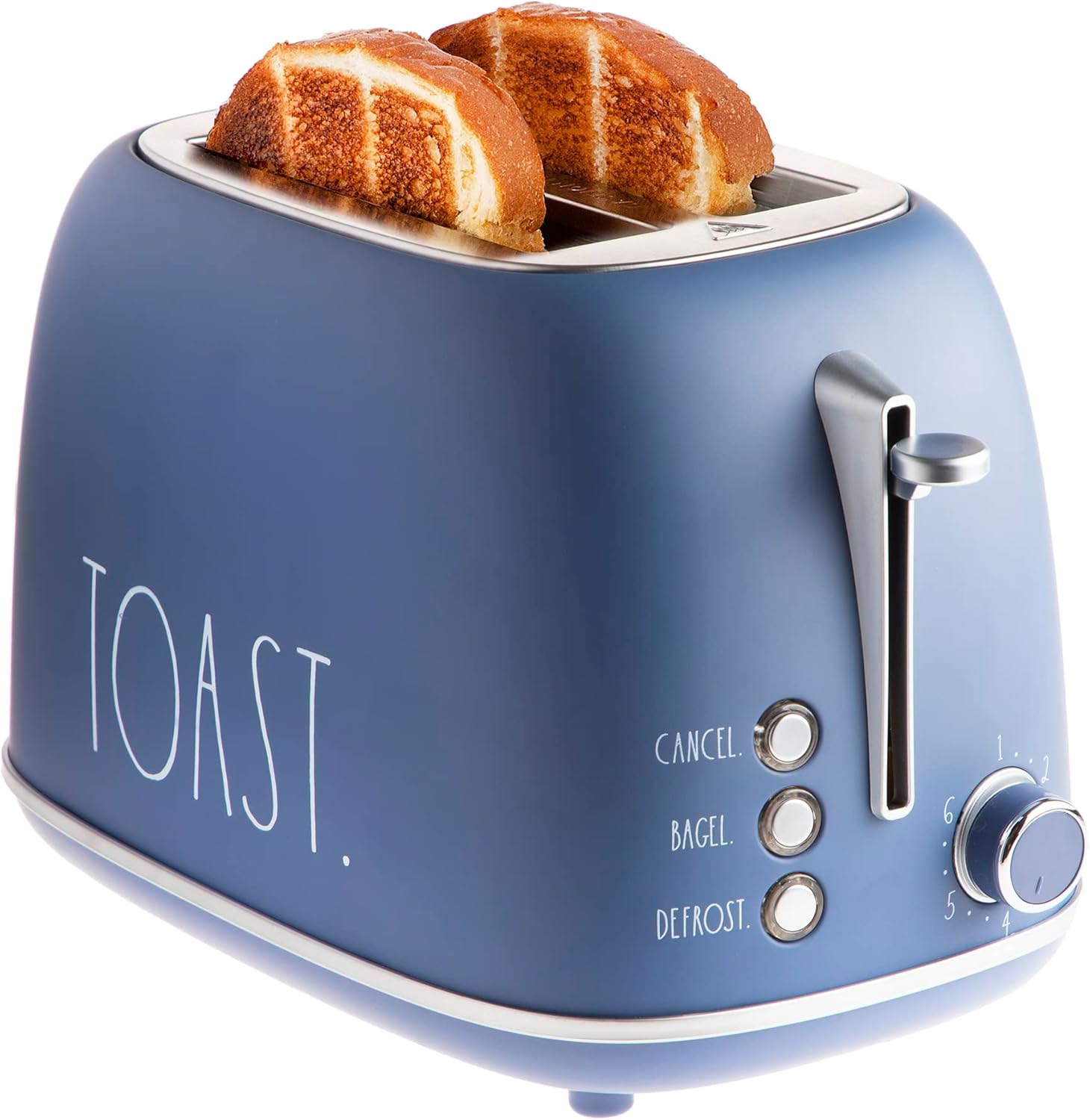 Rae Dunn Retro Rounded Bread Toaster, 2 Slice Stainless Steel Toaster with Removable Crumb Tray, Wide Slot with 6 Browning Levels, Bagel, Defrost and Cancel Options, Navy