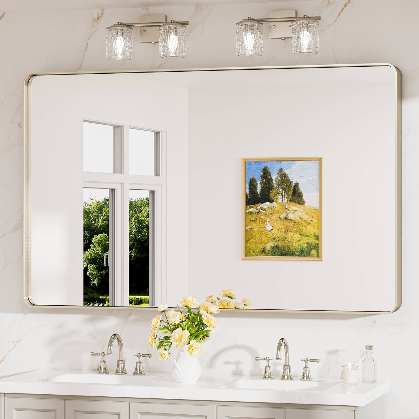 Keonjinn Bathroom Mirrors 55-in W x 36-in H Rectangle Brushed Nickel Framed Wall Mirror