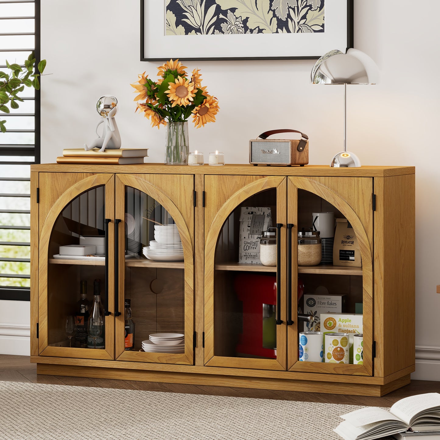 ModernLuxe 4Door Large Storage Sideboard Buffet Cabinet with Glass Doors Arched Cabinet with Adjustable Shelves for Kitchen Dining Room and Living Room Natural Wood